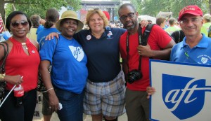 Edith Brown (AFT shirt), Joyce Sagi from URA-AFT, George Jackson from Philadelphia Federation of Teachers, Montclair Adjunct Bob Russo (AFTNJ Higher Education VP)