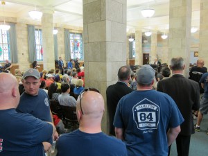 Many firefighters attended to call attention to public safety implications of cuts